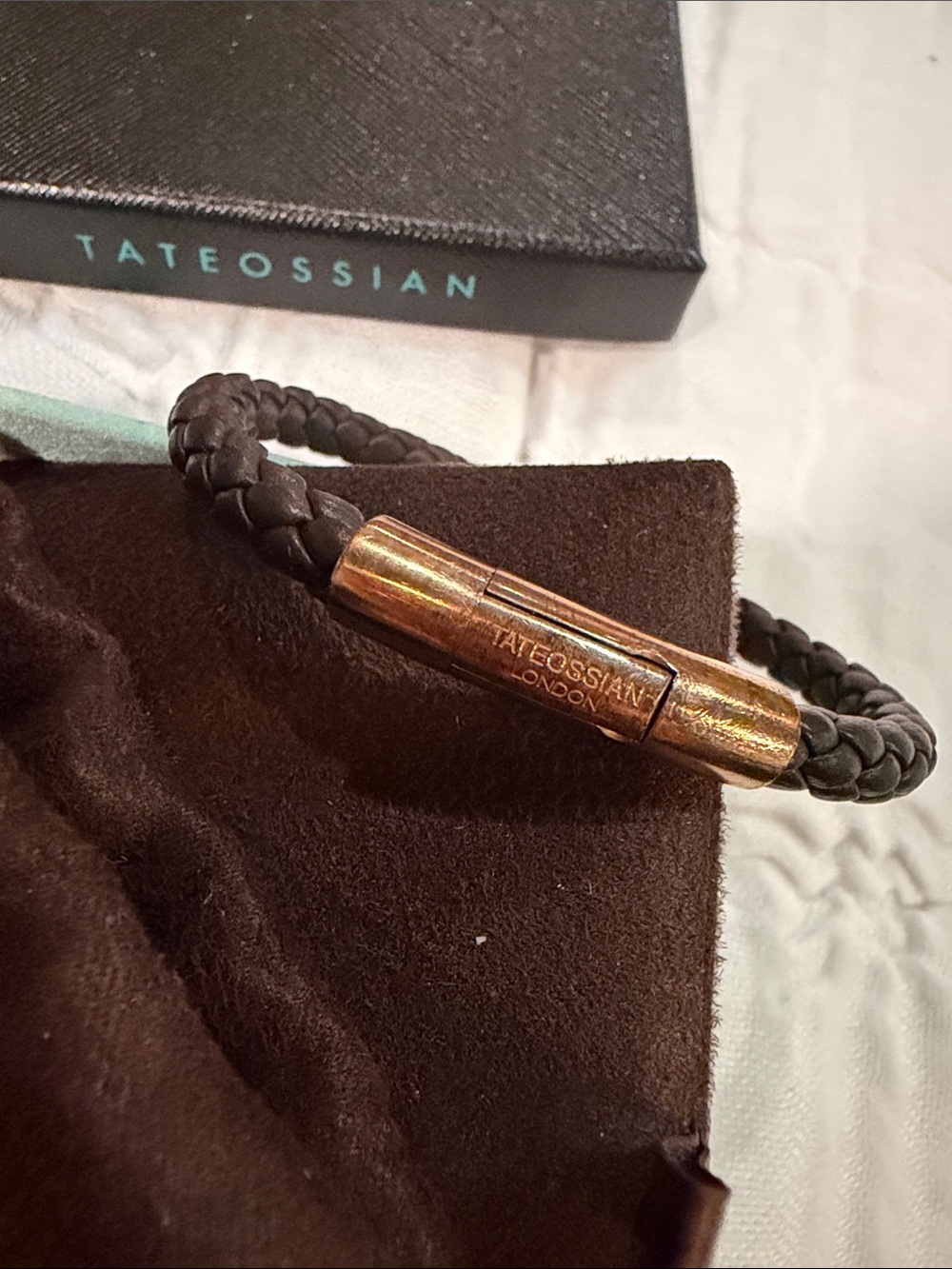 Tateossian Brown Braided Leather Bracelet with Gold-Tone Clasp